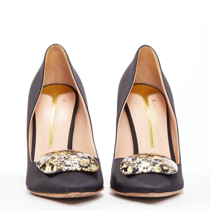 RUPERT SANDERSON Gold black satin gold paint buckle heeled pumps EU35.5