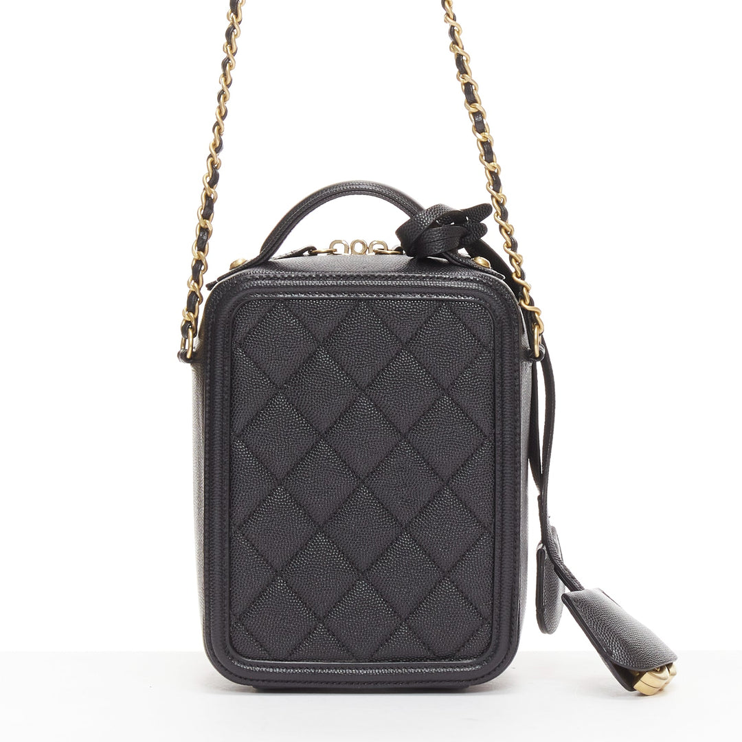 CHANEL N/S Vanity Vertical black filigree gold CC logo small crossbody bag