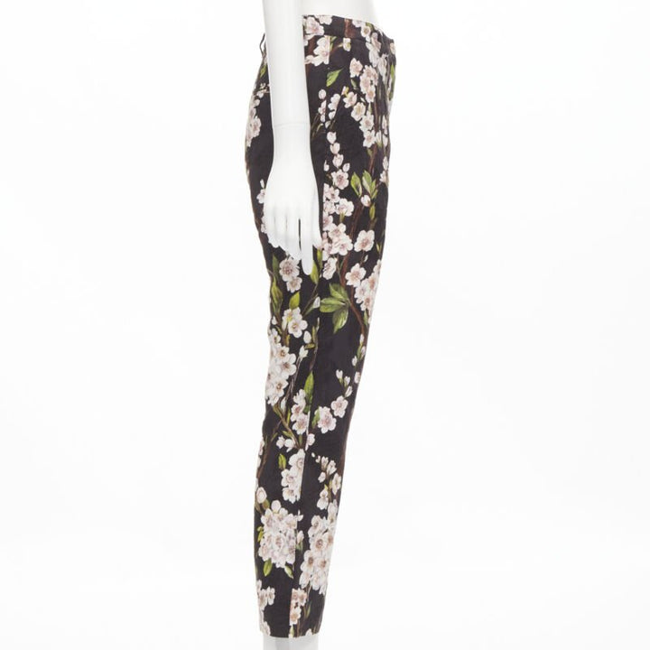 DOLCE GABBANA black pink floral blossom print jacquard cropped pants IT36 XXS