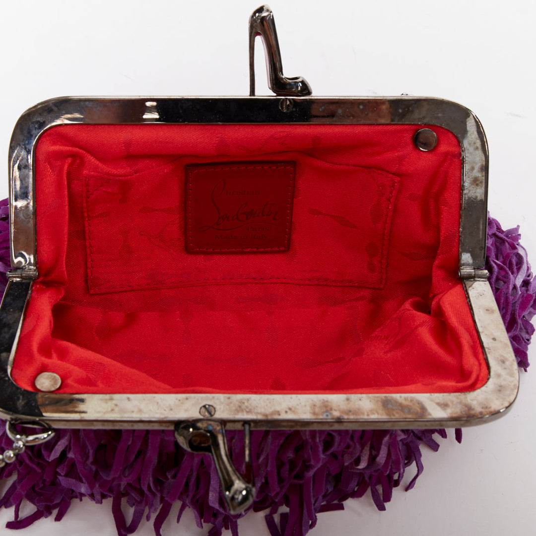 CHRISTIAN LOUBOUTIN purple suede leather fringe heel kiss lock clutch bag