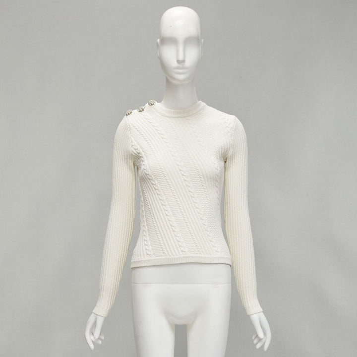 GANNI ivory crystal button textured knit cotton blend sweater top XS