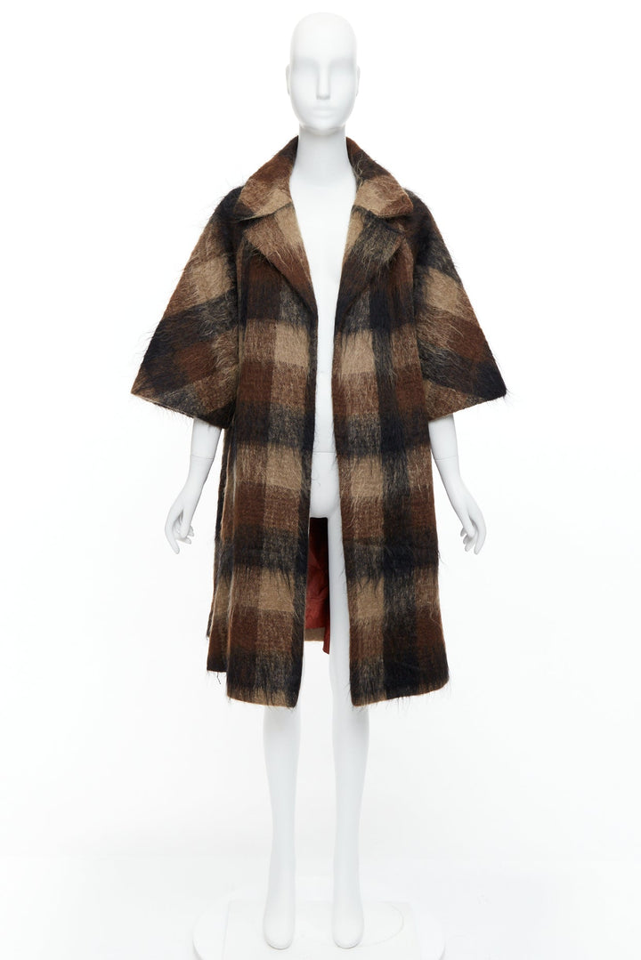 LILLI ANN Vintage brown checked mohair wide sleeve long overcoat