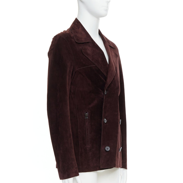 LANVIN brown vegetable calfskin suede double breasted jacket FR48 M