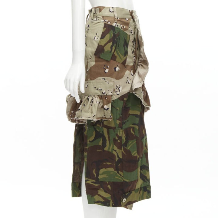 PREEN mixed green khaki camo patchwork ruffled deconstructed cargo skirt XS