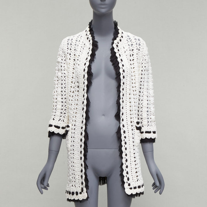 CHANEL 05P Runway cream crochet knit black silk trim cardigan coat FR38 M