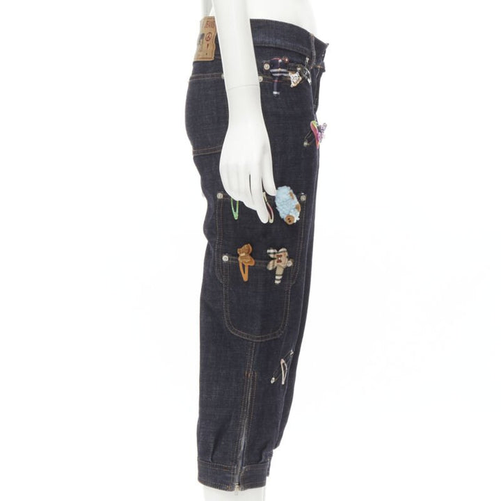 rare MOSCHINO JEANS Vintage dark denim hair clip embroidered cargo jeans IT38 XS