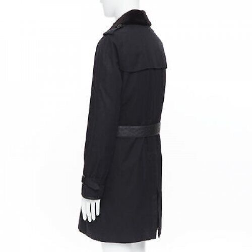 BURBERRY PRORSUM black cotton removable rabbit fur lining ostrich belt trench L