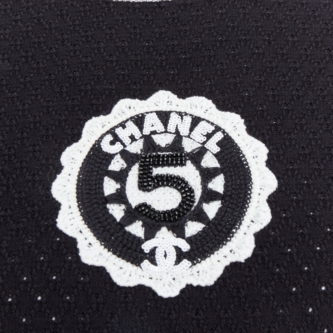 CHANEL 23C black cotton CC No.5 bead broderie pointelle dress FR34 XS