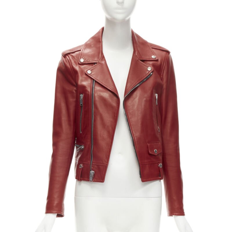 SAINT LAURENT 2013 Hedi Slimane red lambskin leather moto biker jacket FR38 S
