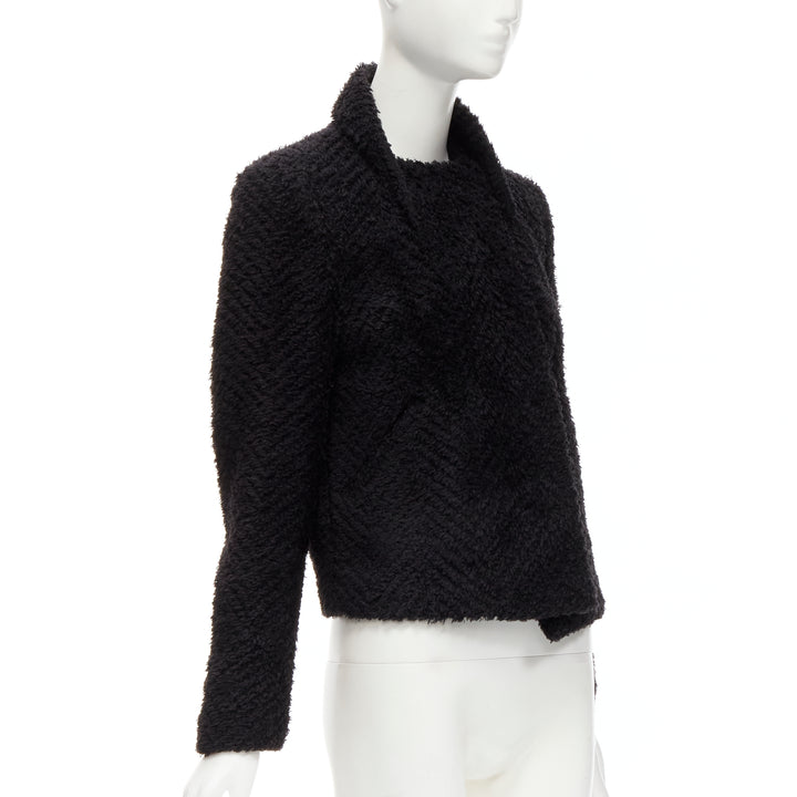 ISABEL MARANT black wool blend fluffy stand collar minimal jacket FR36 S