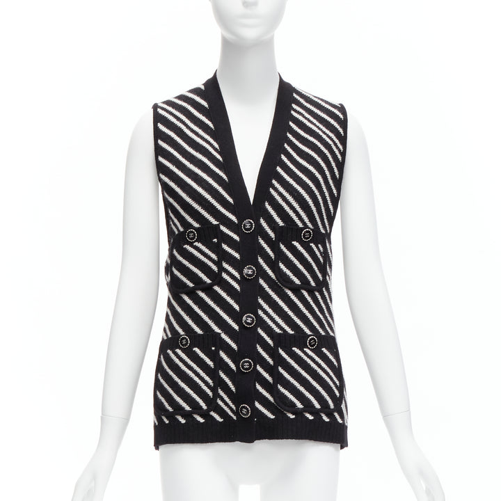 CHANEL 100% cashmere black white graphic stripes 4 pocket vest jacket FR34 XS