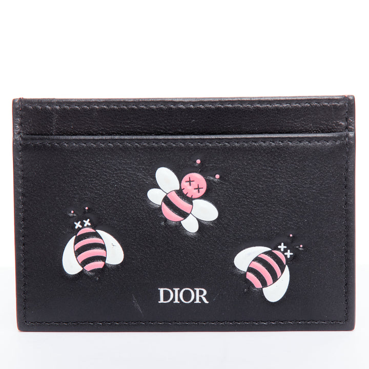 DIOR KAWS 201k pink bee XX black leather cardholder