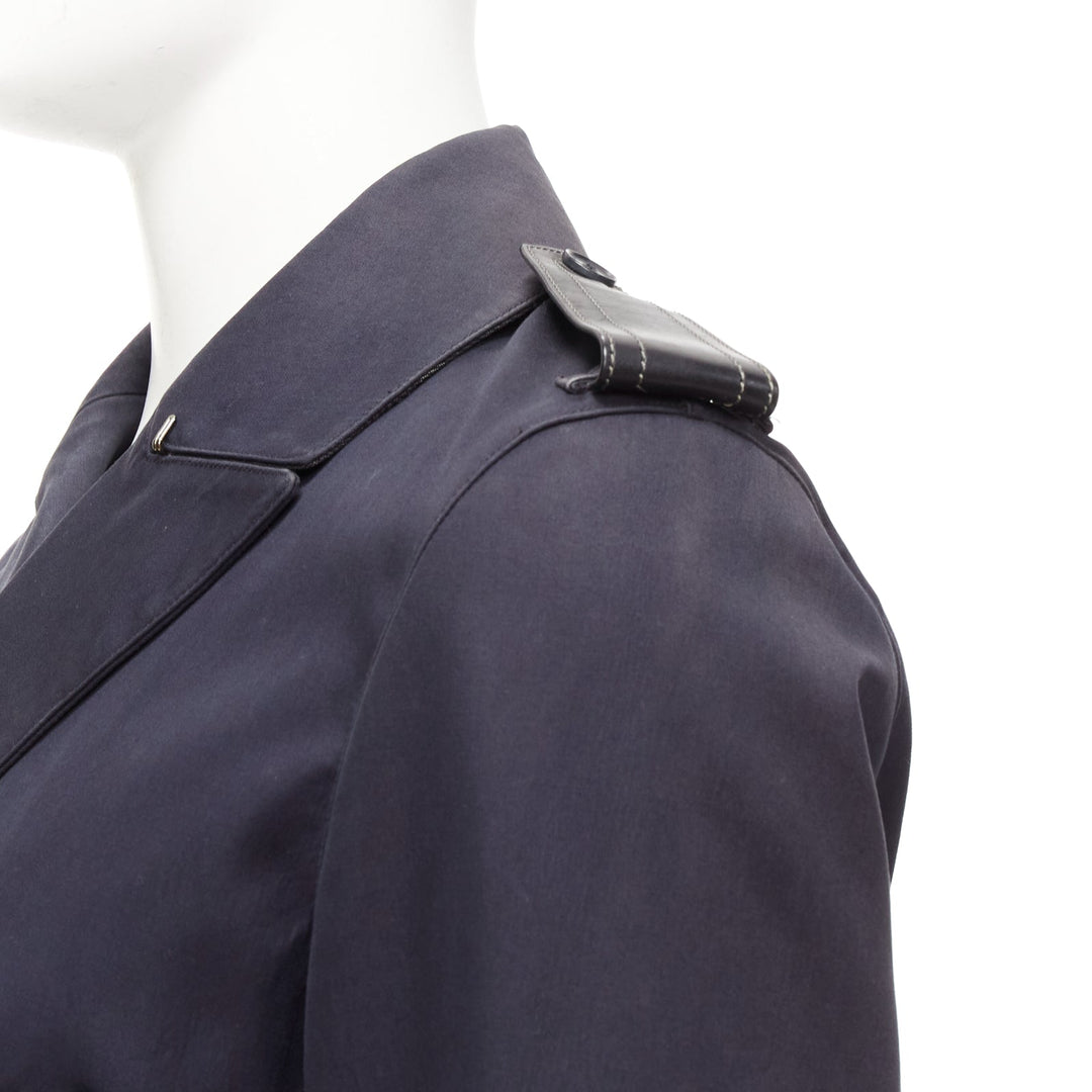 BURBERRY navy cotton wool lined leather epaulet short trench coat IT48 M