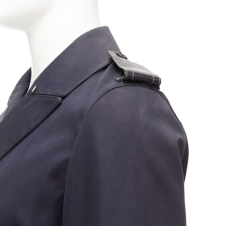 BURBERRY navy cotton wool lined leather epaulet short trench coat IT48 M