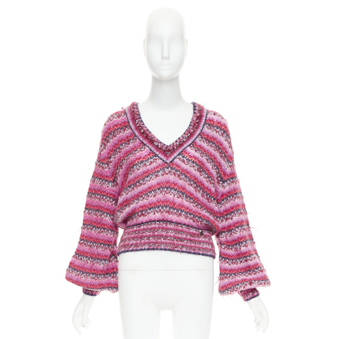 CHANEL 22A pink alpaca blend striped loose knit Vneck CC logo sweater FR38 M