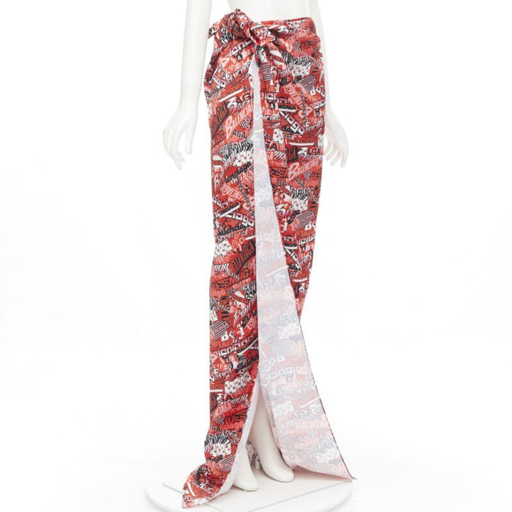 BALENCIAGA Demna 2019 Runway red logo print wrap tie maxi skirt FR36 S