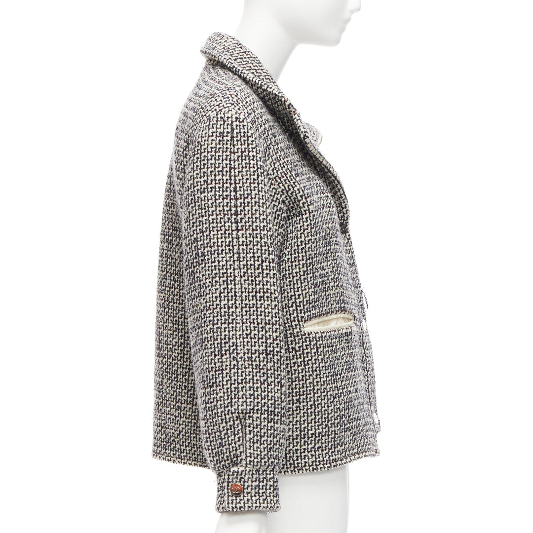 CHANEL Reversible black white wool tweed CC logo padded puffer jacket FR36 S