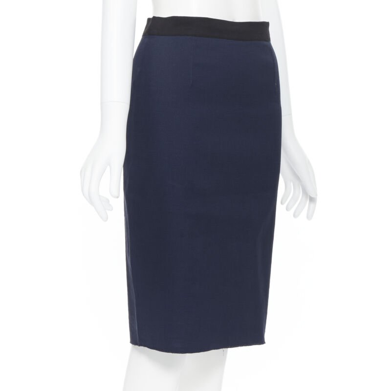 LANVIN ALBER ELBAZ 2014 navy blue linen blend exposed zip pencil skirt FR34 26"