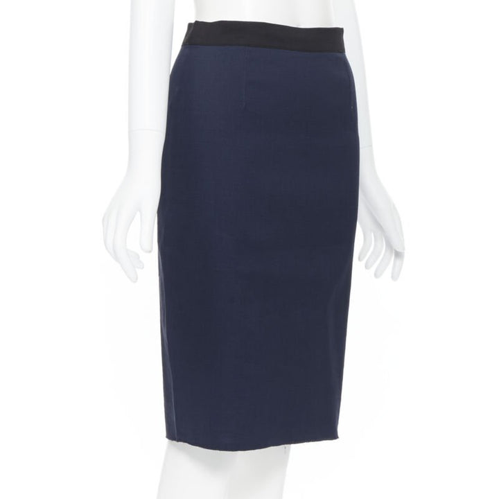 LANVIN ALBER ELBAZ 2014 navy blue linen blend exposed zip pencil skirt FR34 26"
