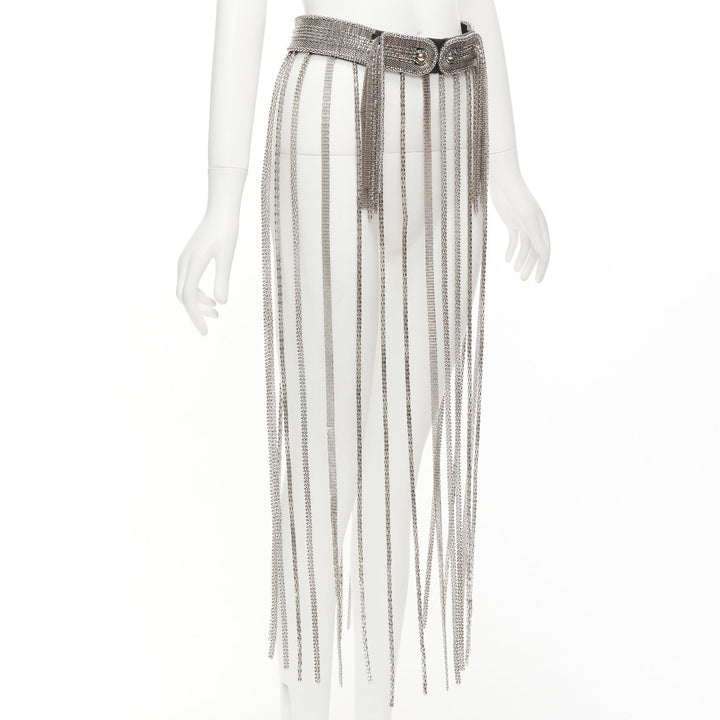 CHRISTOPHER KANE silver multi chain stud front black leather fringe belt S
