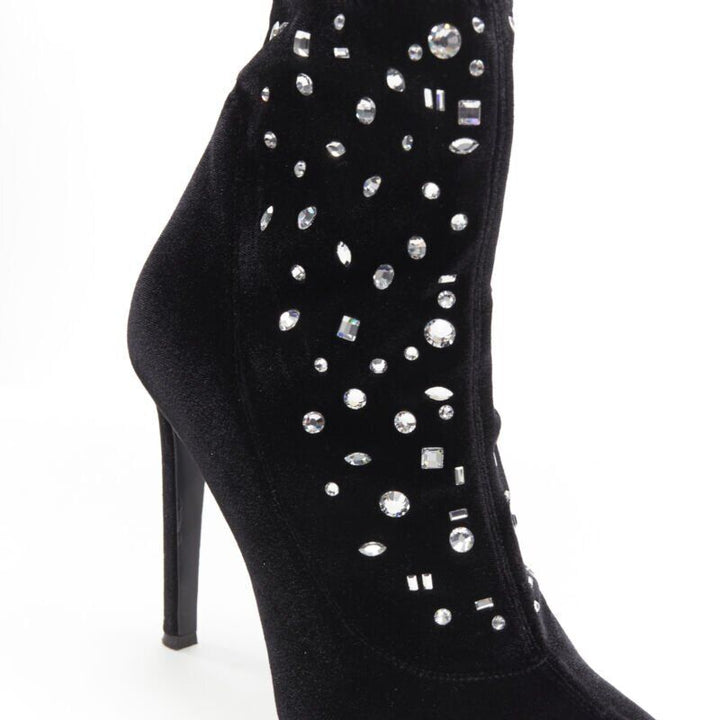 GIUSEPPE ZANOTTI black velvet crystal jewel embellished pull on sock bootie EU39