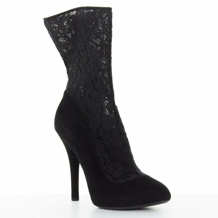 DOLCE GABBANA black floral lace mesh sock suede pump design short bootie EU39