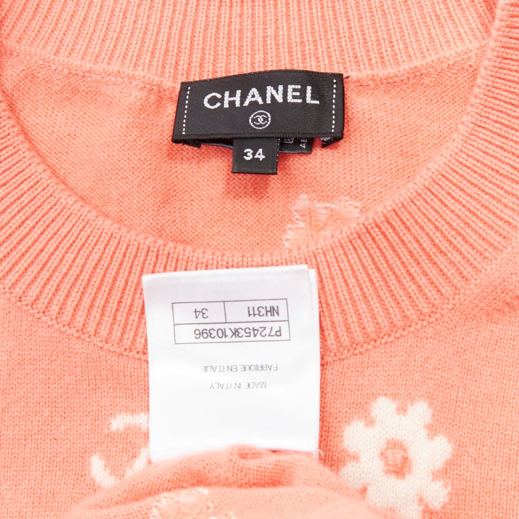 CHANEL 22P peach cashmere blend floral CC knitted pullover sweater FR34