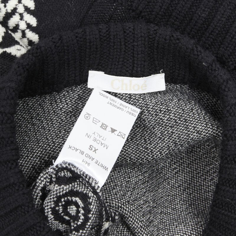 CHLOE 100% wool black white intarsia woven long sleeve sweater pullover XS