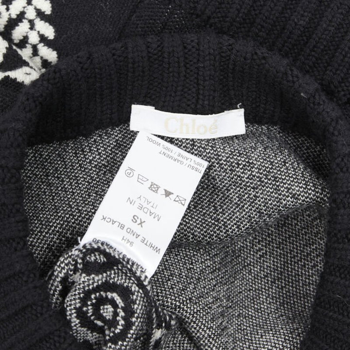 CHLOE 100% wool black white intarsia woven long sleeve sweater pullover XS