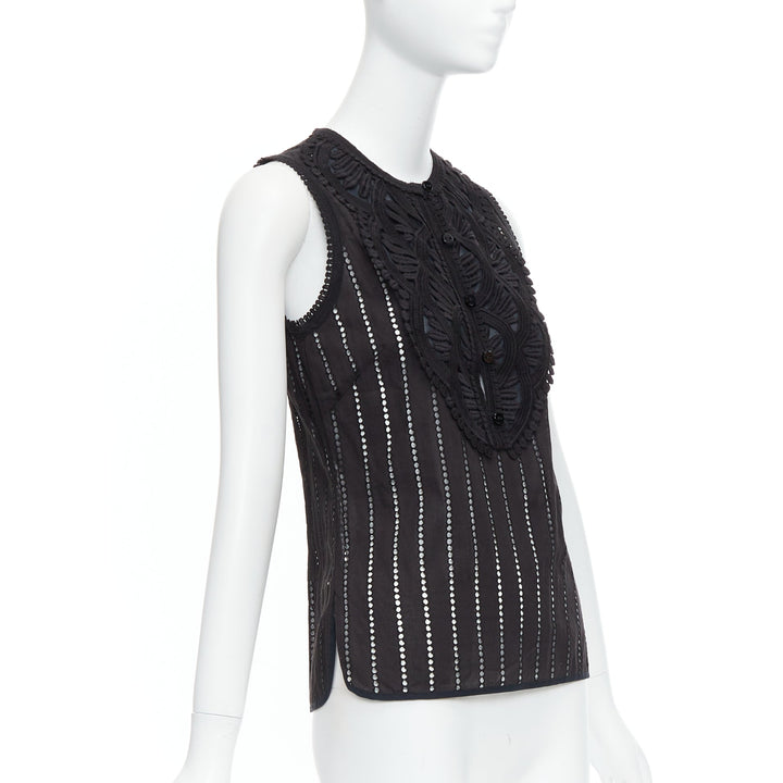 ANDREW GN black eyelet lace lattice geometric buttons sleeveless top FR38 M