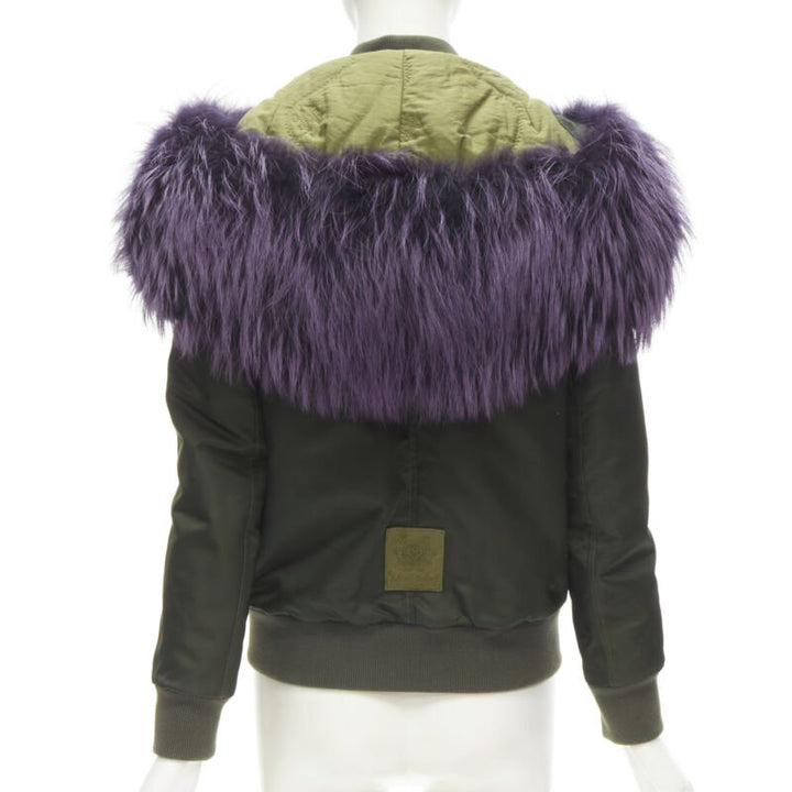 MR AND MRS ITALY green nylon purple fox fur fully lined MA-1 bomber jacket XS