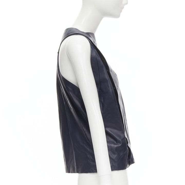 BALENCIAGA 2010 Runway Ghesquiere navy yellow leather pleated top FR38 S
