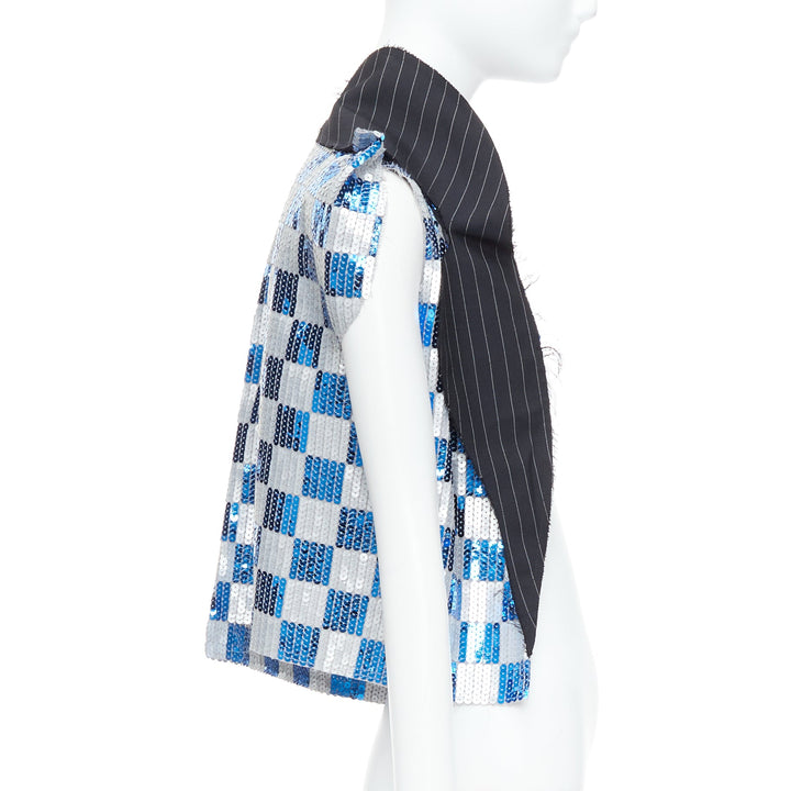 COMME DES GARCONS 2007 blue grey checkered sequin wool trim vest XS