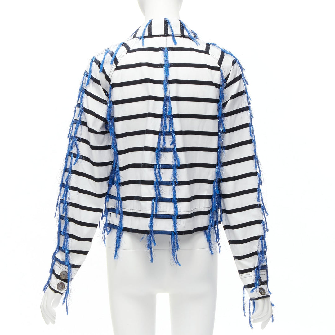 ANAIS JOURDEN blue white black striped tassel trim raglan cropped jacket FR36 S