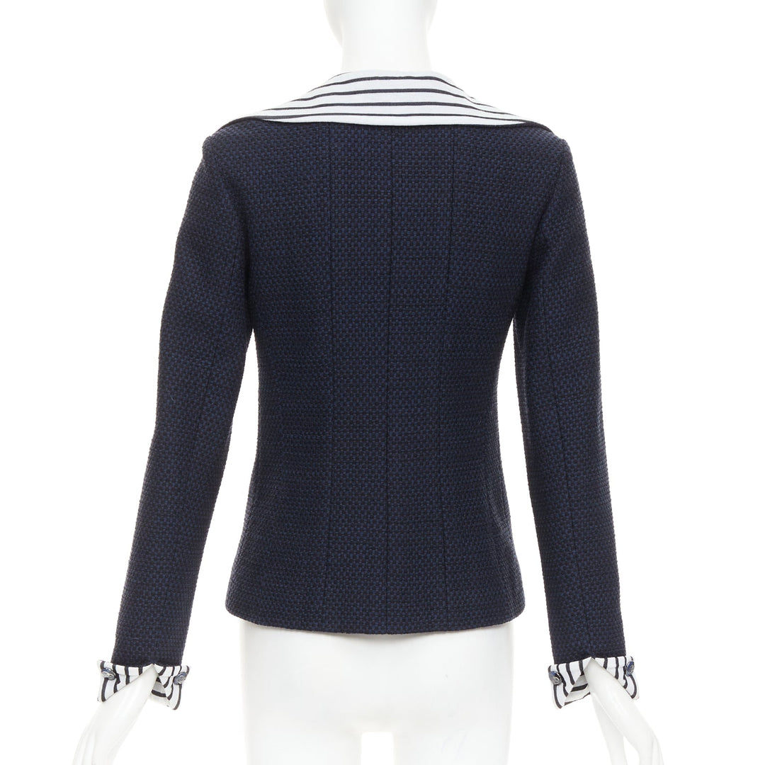 CHANEL 2017 navy white black nautical striped collar woven jacket FR34 XS