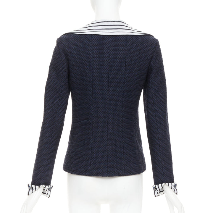 CHANEL 2017 navy white black nautical striped collar woven jacket FR34 XS