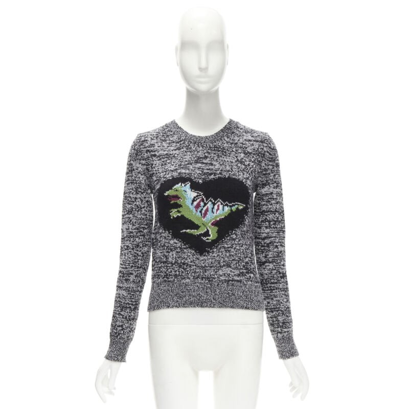 CHRISTIAN DIOR 100% cashmere melange grey dragon illustration sweater FR34 XS