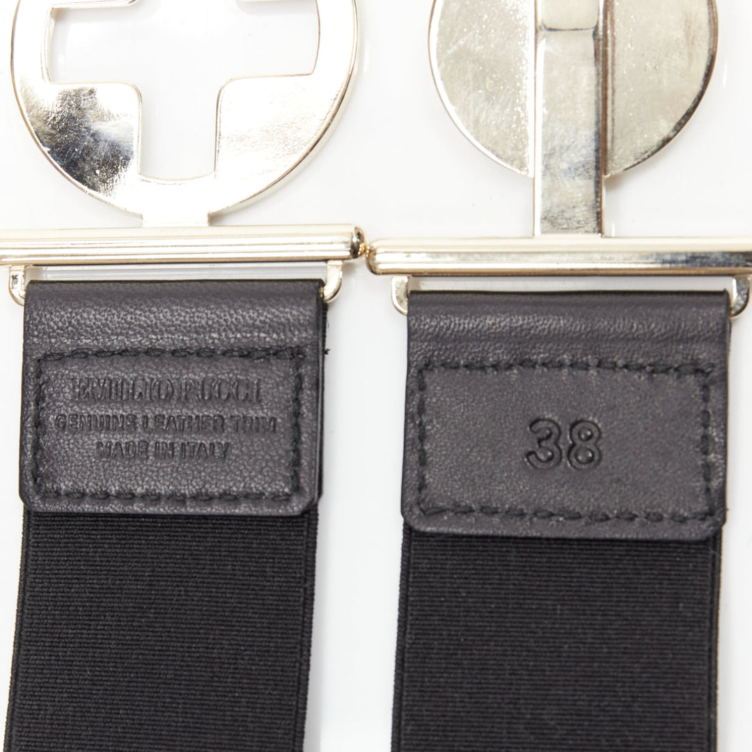 EMILIO PUCCI gold crest logo buckle black fabric stretch skinny belt IT38 XS