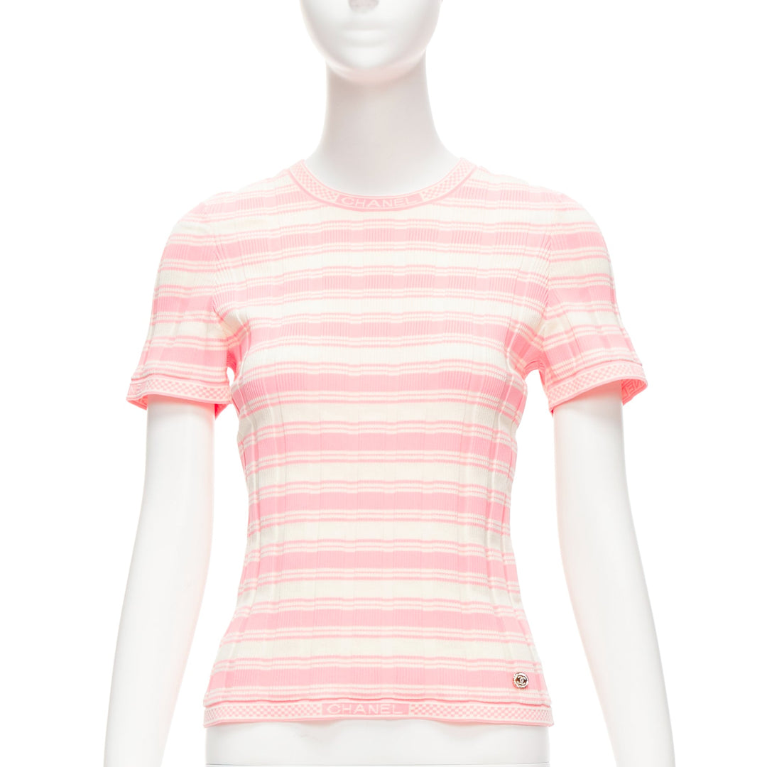 CHANEL 23C white pink stripe logo charm short sleeve ribbed sweater FR40 L
