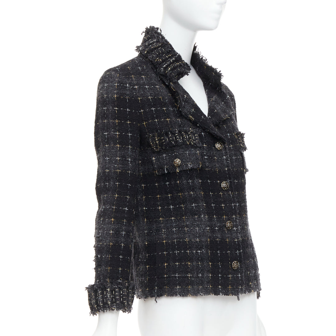 CHANEL 08A Runway Fantasy Tweed black grey silver gold wool jacket FR36 S