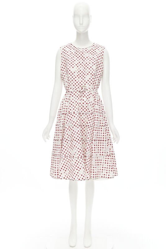 OSCAR DE LA RENTA 2016 white polkadot floral burnt out devore belted dress US2 S