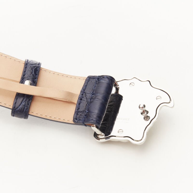 VERSACE $1200 La Medusa silver buckle blue scaled leather belt 115cm 44-48"