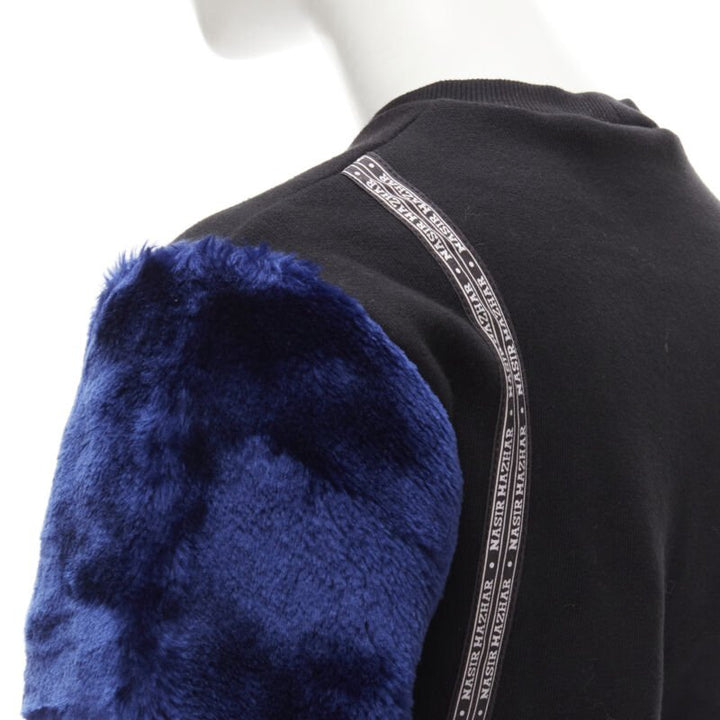 NASIR MAZHAR black velvet print blue faux fur sleeve cropped sweatshirt S
