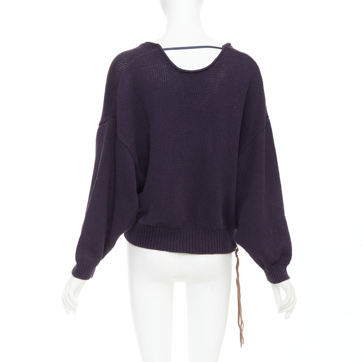 ACNE STUDIOS 2011 Sharp navy cotton wide scoop neck leather zip sweater XS