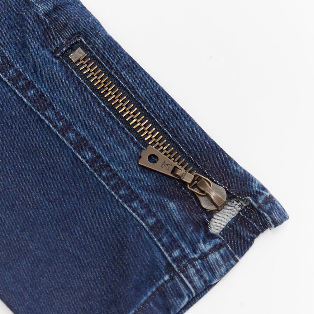 LOUIS VUITTON blue washed denim patchwork logo skinny motorcycle jeans FR34 XS