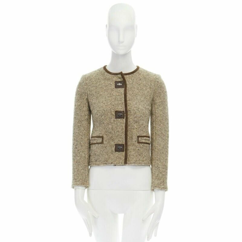 ISABEL MARANT Kios brown virgin wool boucle suede trimmed twist lock jacket FR36