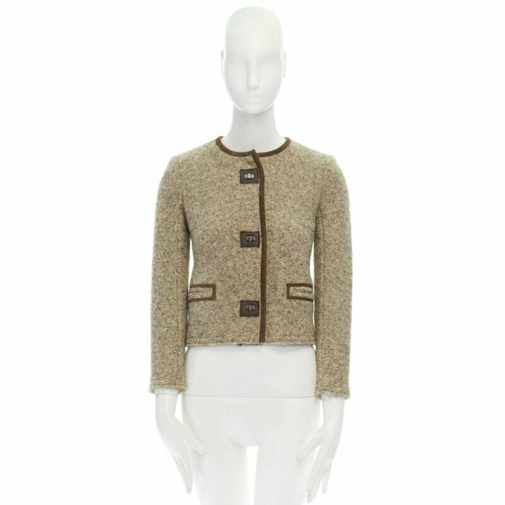 ISABEL MARANT Kios brown virgin wool boucle suede trimmed twist lock jacket FR36