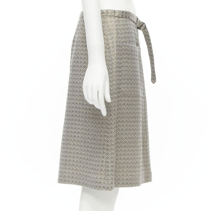 DRIES VAN NOTEN gold coated jacquard cotton belted knee lnegth skirt FR36 S