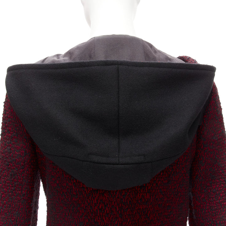 CHANEL 11A Runway red black wool tweed CC logo toggle button duffel coat FR36 S