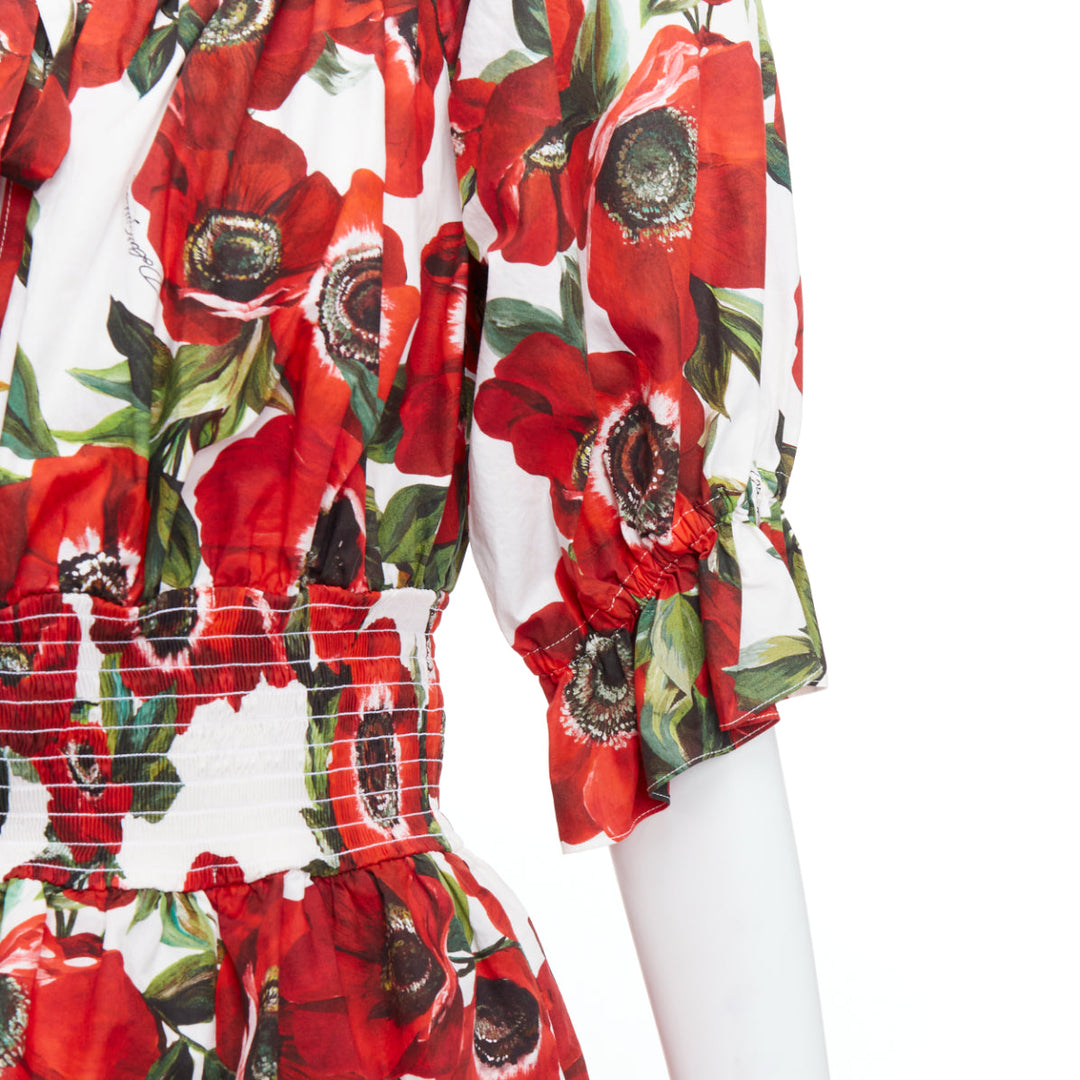 DOLCE GABBANA red anemone floral print cotton poplin peplum top IT48 XXL